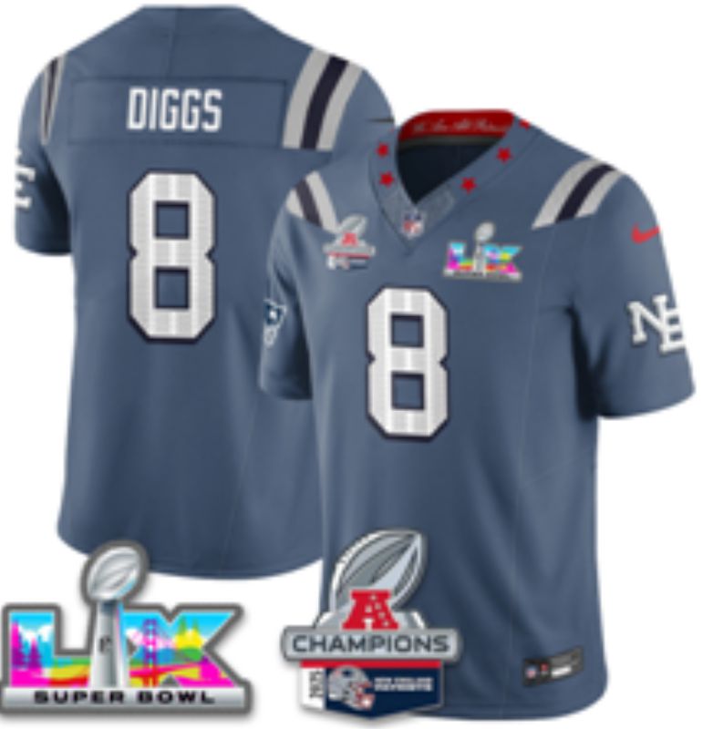 Men 2026 New England Patriots #8 Diggs Blue Super Bowl Nike Limited NFL Jersey style 01
